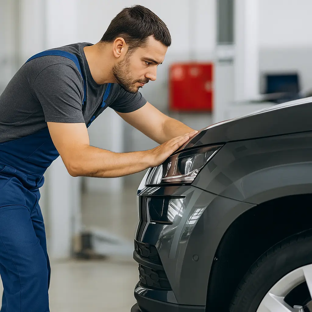 Home | Non-Fault Accident Claim & Vehicle Recovery London Mechanic inspecting a damaged car during a non-fault accident management process in London.